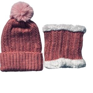 PINK toque thick lined beanie hat pompom knit ribbing  and neck warmer